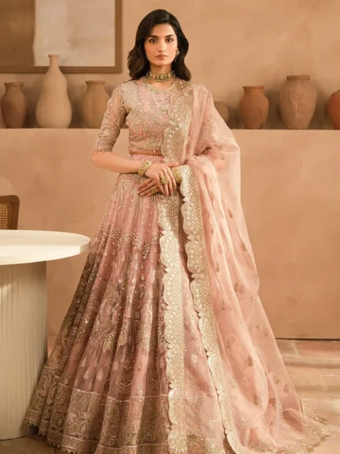 Afrozeh | Elegant Pink Net 3 Piece Embroidered Wedding Guest Wear Formal Set