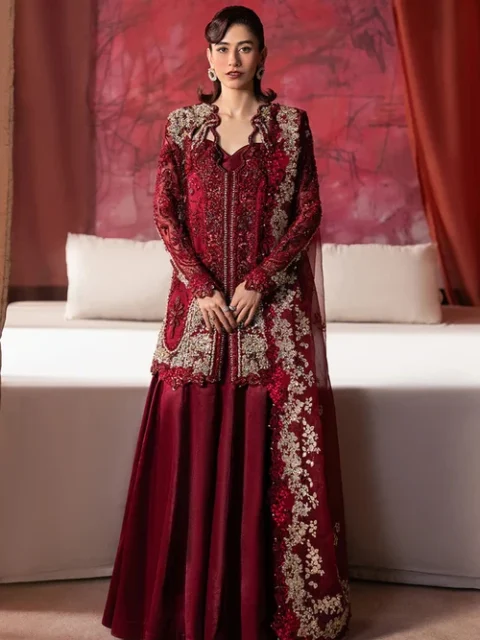 Afrozeh | Elegant Red Organza 3 Piece Hand Embellished Embroidered Wedding Guest Wear Set