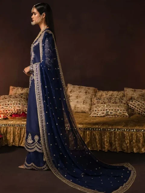 Afrozeh | Elegant Royal Blue Raw Silk 3 Piece Embroidered Straight Cut Kurta Set