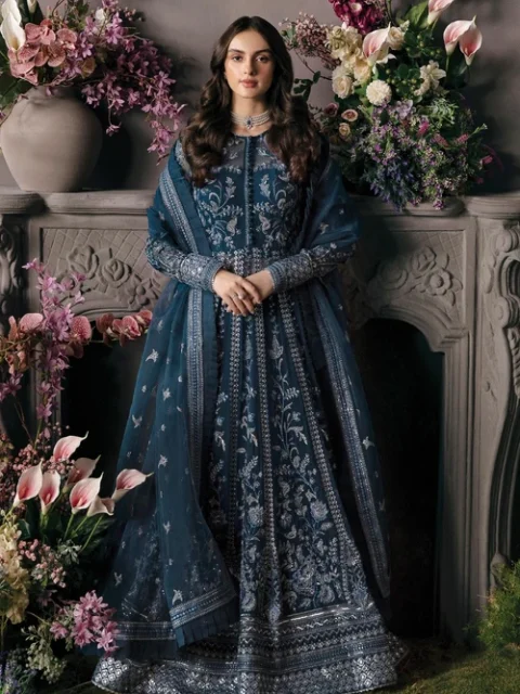 Afrozeh | Elegant Teal Chiffon 3 Piece Embroidered A-Line Maxi Set