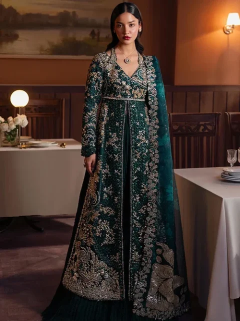Afrozeh | Elegant Teal Raw Silk 3 Piece Embroidered Maxi Lehenga Wedding Guest Wear Set