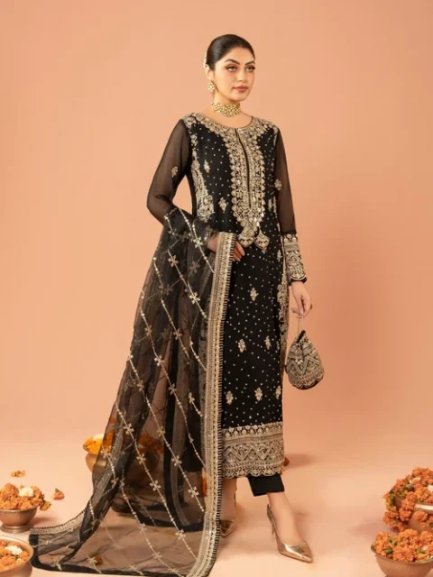 Agha Jaan | Black Chiffon Embroidered Straight Cut Kurta 3 Piece Suit