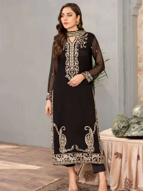 Agha Jaan | Black Chiffon Sequence Embroidered Straight Cut Kurta 3 Piece Suit