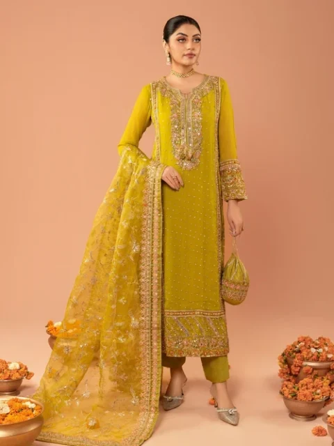 Agha Jaan | Straw Chiffon Embroidered Straight Kurta 3 Piece Suit