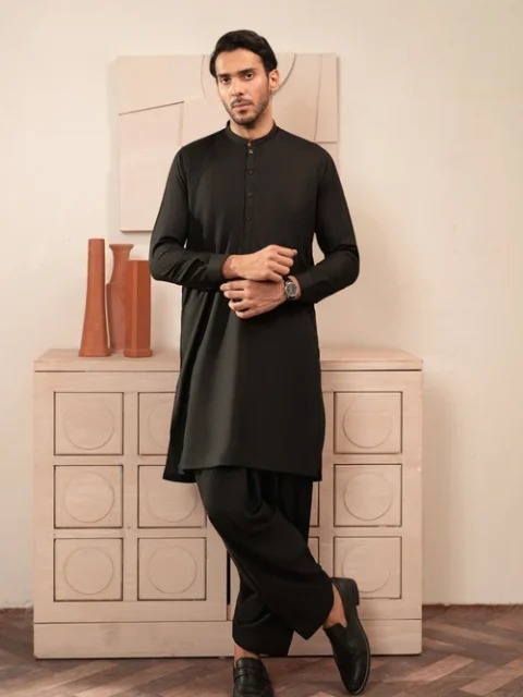Buraq | Elegant Black Wash & Wear 2 Piece Long Kurta Set