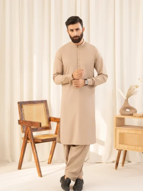 Buraq | Refined Camel Brown Wash & Wear Long Kurta 2 Piece Set