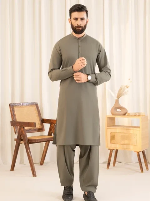 Buraq | Elegant Grey Wash & Wear 2 Piece Long Kurta Set