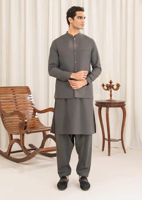 Buraq | Elegant Grey Wash & Wear Kameez Shalwar 3 Piece Set