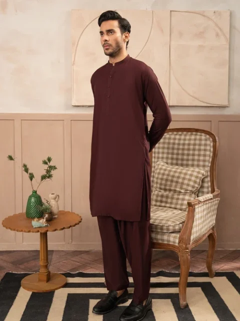 Buraq | Elegant Maroon Wash & Wear 2 Piece Long Kurta Set
