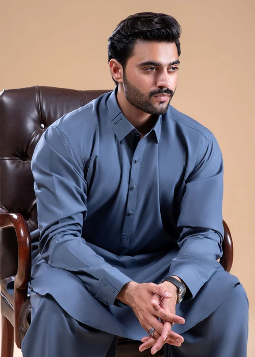 Buraq | Elegant Slate Blue Wash & Wear 2 Piece Long Kurta Set - Image 4