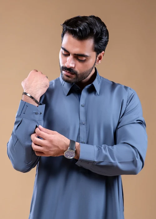 Buraq | Elegant Slate Blue Wash & Wear 2 Piece Long Kurta Set - Image 3