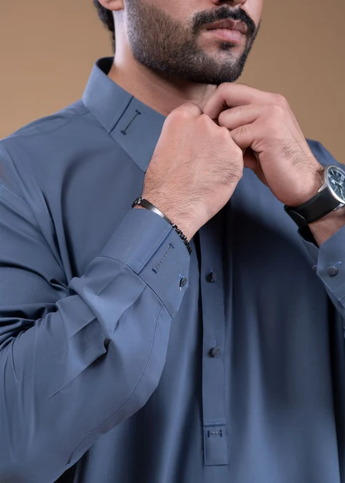 Buraq | Elegant Slate Blue Wash & Wear 2 Piece Long Kurta Set - Image 2