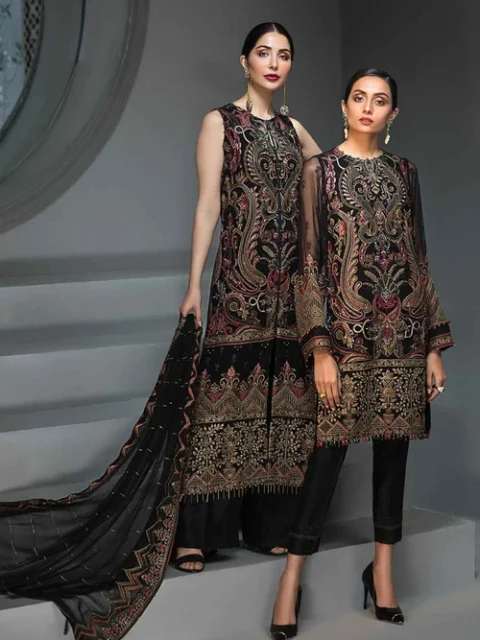 Jazmin | Elegant Black Chiffon 3 Piece Embroidered Festive Party Wear Set
