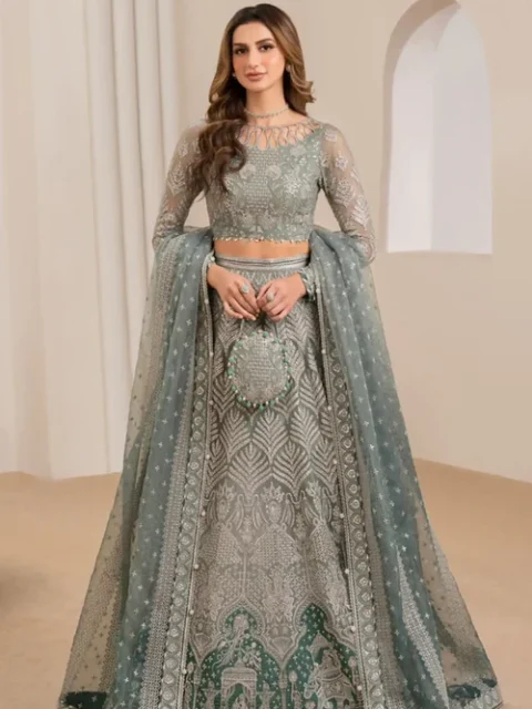 Jazmin | Elegant Green Chiffon 3 Piece Embroidered Festive Party Wear Set