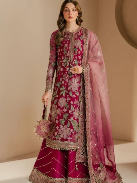 Jazmin | Elegant Hot Pink Chiffon 3 Piece Embroidered Festive Party Wear Set