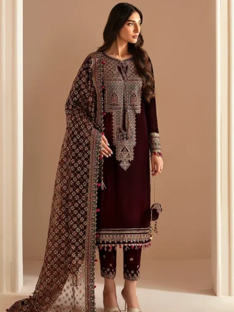 Jazmin | Elegant Maroon Velvet 3 Piece Embroidered Festive Party Wear Set