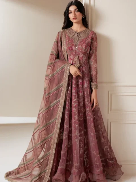 Jazmin | Elegant Mauve Pink Chiffon 2 Piece Embroidered A-Line Maxi Set