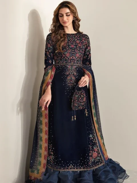 Jazmin | Elegant Navy Blue Velvet 3 Piece Embroidered Long Kurta Set