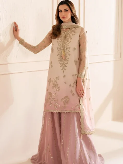 Jazmin | Elegant Pink Chiffon 3 Piece Embroidered Festive Party Wear Set