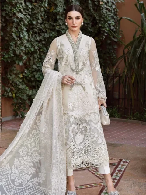 Maria B | Elegant Pearl White Organza 4 Piece Festive Suit
