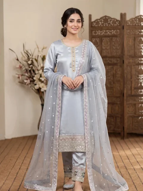Murshad G | Elegant Cool Grey Raw Silk 3 Piece Blanket Stitch Kurta Set