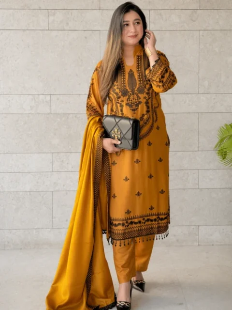 Murshad G | Elegant Mari Gold Linen Chambray 3 Piece Embroidered Kurta Set