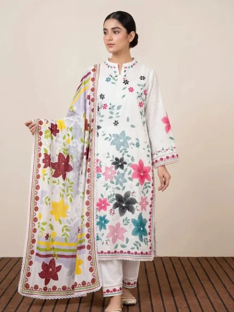 Murshad G | Elegant White Lawn Cotton 3 Piece Embroidered Long Kurta Set
