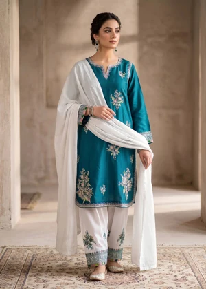 Murshad G | Elegant White & Teal Lawn Cotton 3 Piece Embroidered Kurta Set