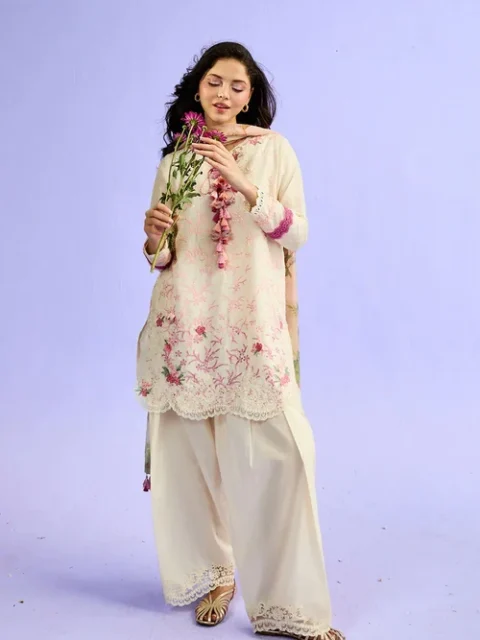Sobia Nazir | Elegant Antique White Lawn 3 Piece Embroidered Straight Cut Kurta Set
