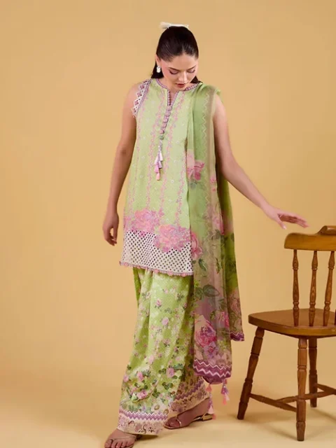 Sobia Nazir | Elegant Apple Green Lawn 3 Piece Embroidered Print Straight Cut Kurta Daily Basic Wear Set