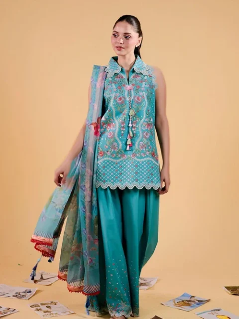 Sobia Nazir | Elegant Aquamarine Lawn 3 Piece Embroidered Festive Party Wear Set