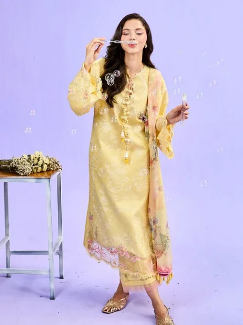 Sobia Nazir | Elegant Butter Lawn 3 Piece Embroidered Straight Cut Kurta Festive Party Wear Set