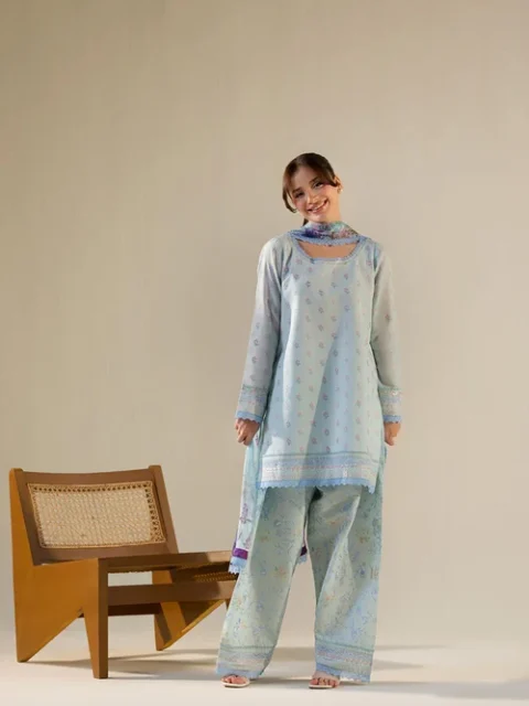 Sobia Nazir | Elegant Ice Blue Lawn 3 Piece Embroidered Festive Party Wear Set