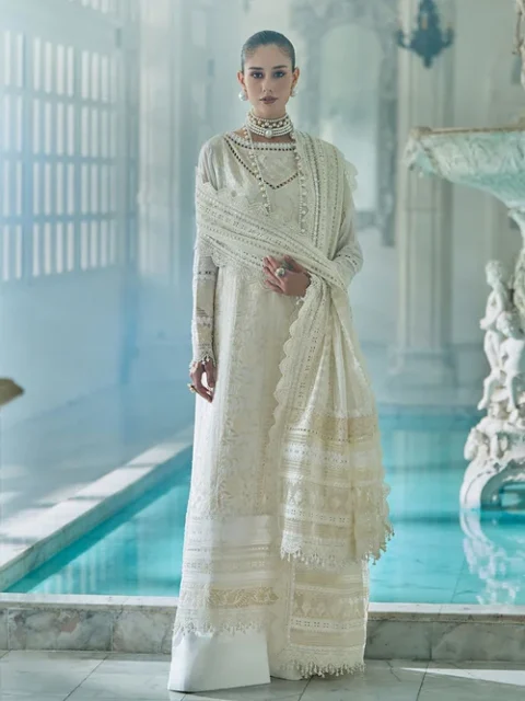Sobia Nazir | Elegant Ivory Lawn 3 Piece Embroidered Festive Party Wear Set
