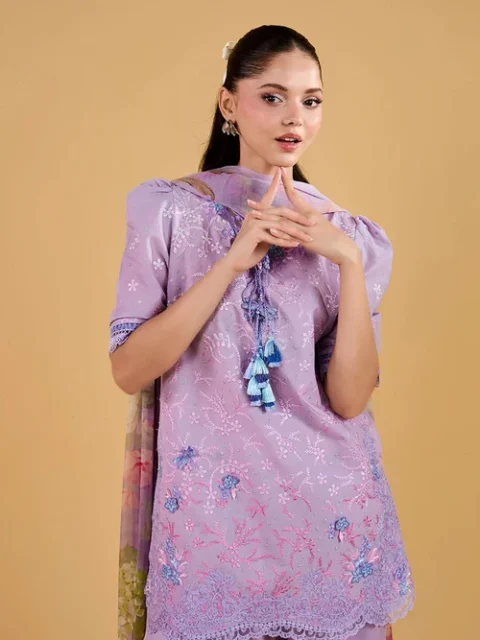 Sobia Nazir | Elegant Purple Mountain Majesty Lawn 3 Piece Embroidered Straight Cut Kurta Festive Party Wear Set