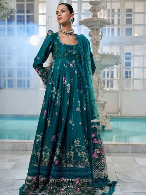 Sobia Nazir | Elegant Teal Lawn 3 Piece Embroidered Anarkali Festive Party Wear Set