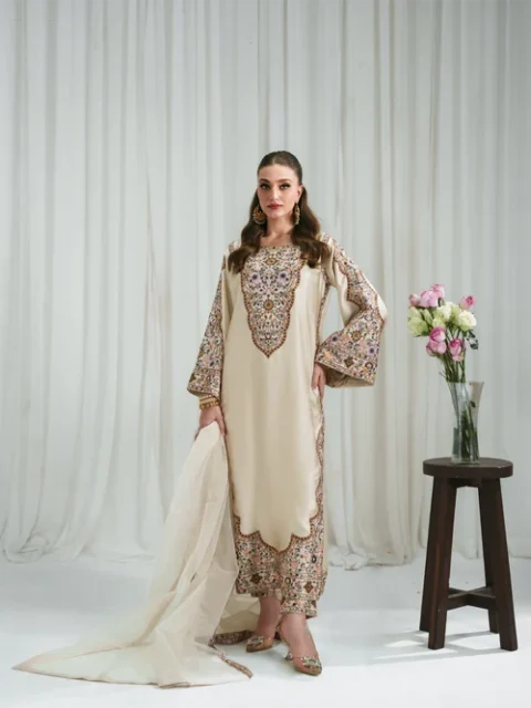 Truba | Elegant Beige Charmuse Long Kurta 3 Piece Festive Suit