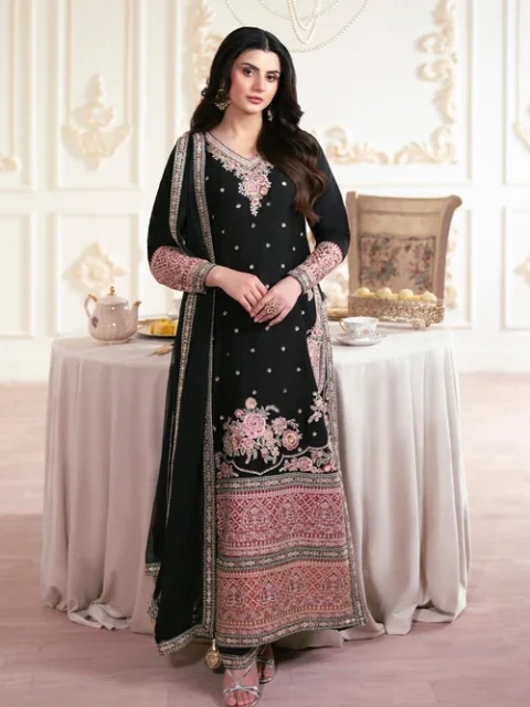 Truba | Elegant Black Chiffon 3 Piece Festive Suit
