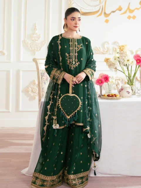 Truba | Elegant Bottle Green Chiffon 3 Piece Festive Suit