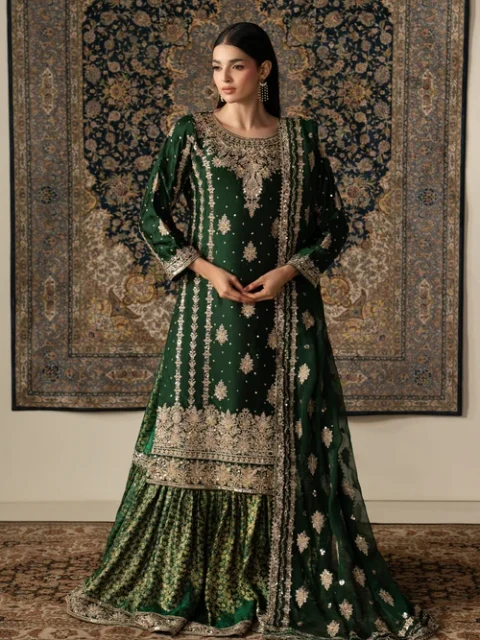 Truba | Regal Dark Green Chiffon 3 Piece Formal Gharara Suit