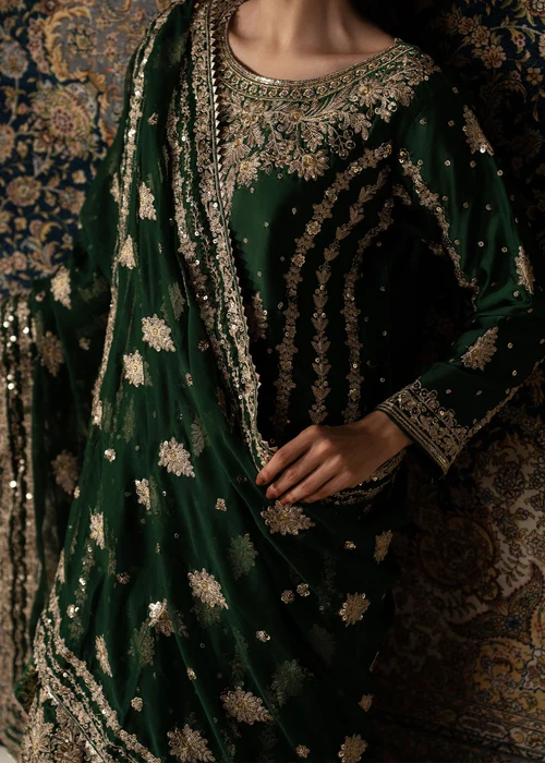 Truba | Regal Dark Green Chiffon 3 Piece Formal Gharara Suit - Image 2