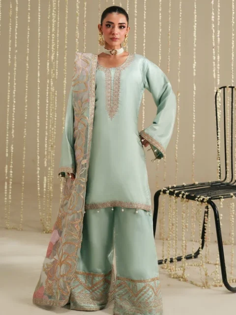 Truba | Elegant Ice Blue Silk 3 Piece Festive Suit
