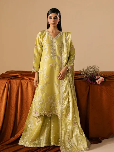 Truba | Elegant Key Lime Silk 3 Piece Formal Sharara Suit