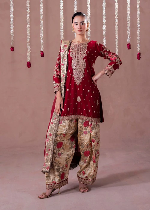 Truba | Regal Maroon Charmuse 3 Piece Festive Suit