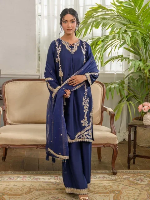 Truba | Refined Navy Blue Silk 3 Piece Festive Suit