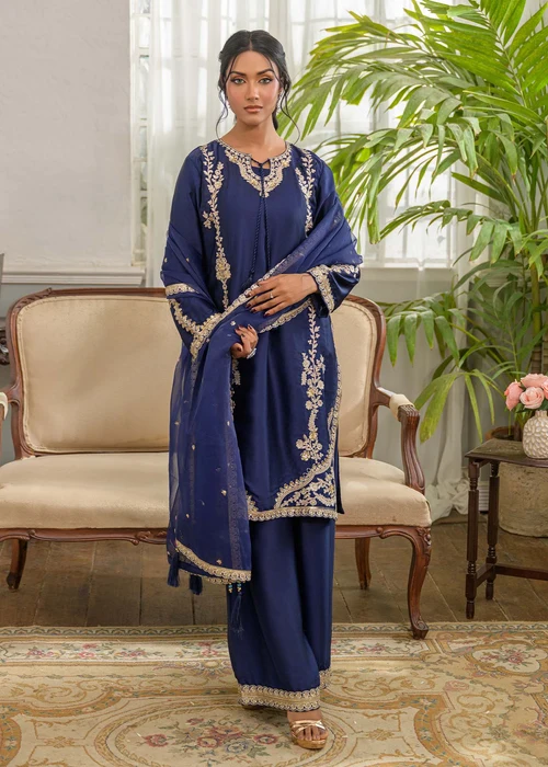 Truba | Refined Navy Blue Silk 3 Piece Festive Suit - Image 4