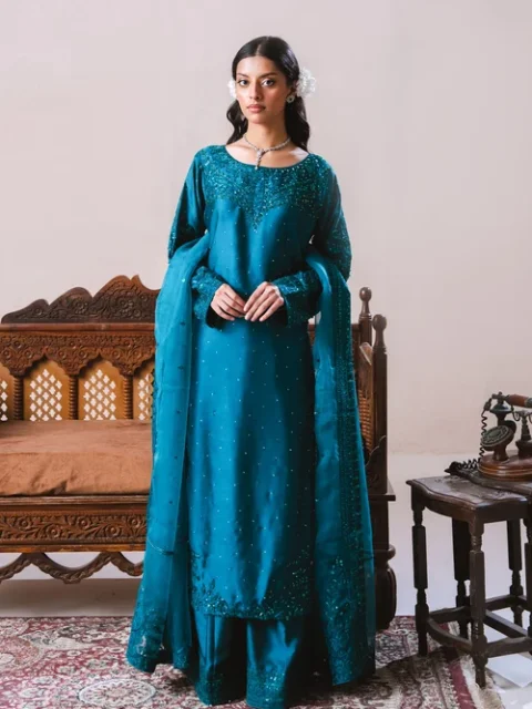 Truba | Elegant Ocean Blue Charmuse 3 Piece Festive Suit