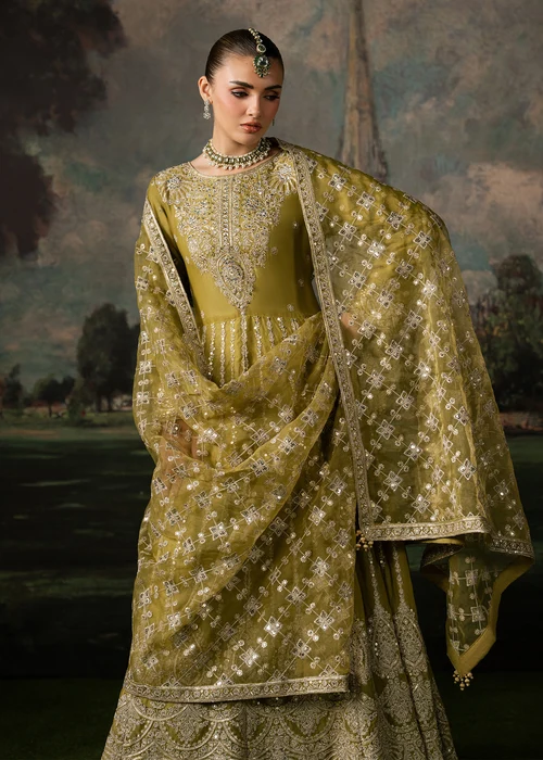 Truba | Elegant Olive Green Chiffon Anarkali Maxi 3 Piece Formal Suit - Image 2