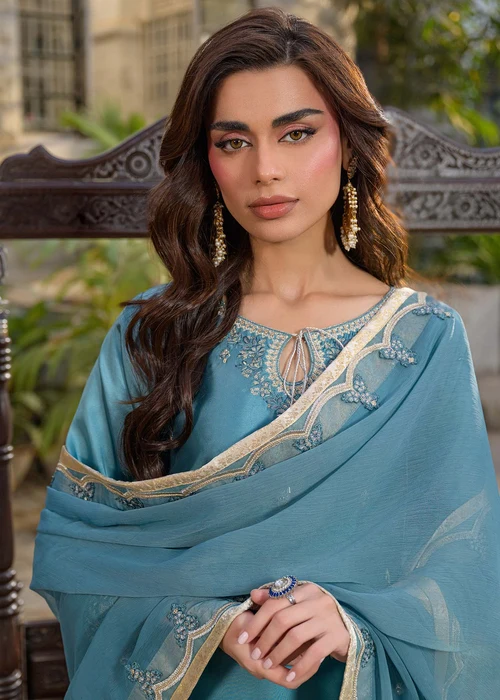 Truba | Elegant Powder Blue Silk 3 Piece Festive Suit - Image 4