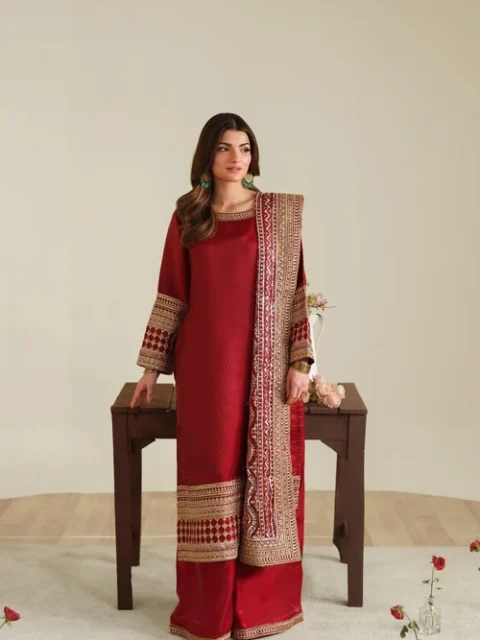 Truba | Exquisite Red PK Charmuse Silk 3 Piece Festive Kurta Set
